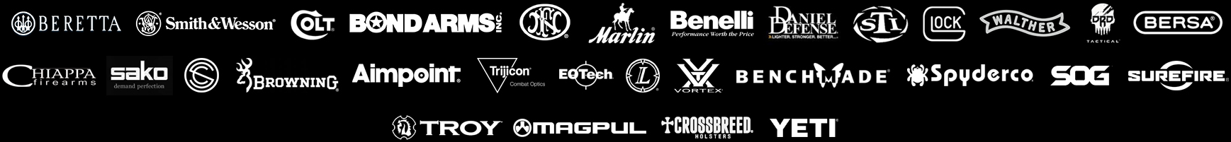 Brands we carry including Beretta, Glock, Smith & Wesson, Colt, Benelli and more